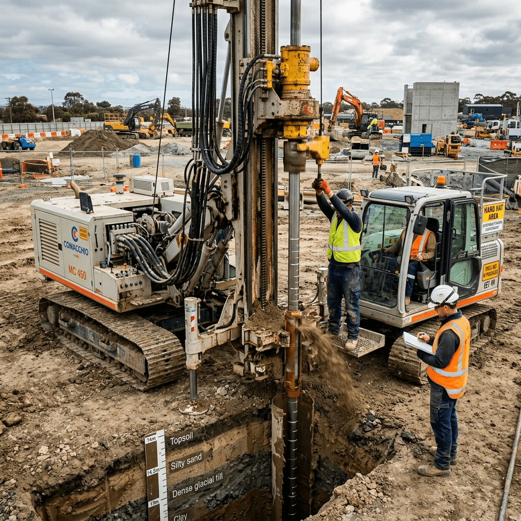 Ingeniero de Accuretta Geotecnia clasificando muestras SPT en Santander